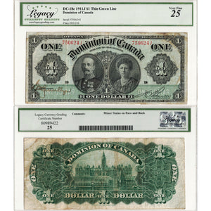 $1 1911 Dominion of Canada Note Green Line Series J DC-18c - Legacy VF-25