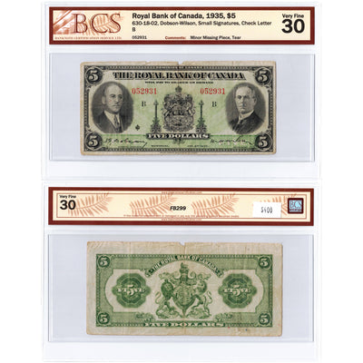 $5 1935 Royal Bank of Canada Chartered Note #630-18-02 - BCS VF-30