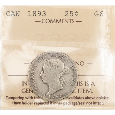 SOLD Canada 1893 25 Cents Quarter Silver Coin - ICCS G-6