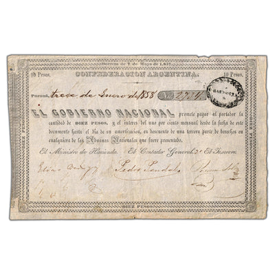 SOLD Argentina Confederacion 1857 (1858) 10 Pesos Note - VF/EF