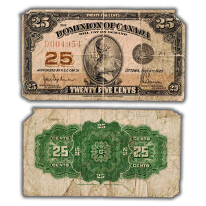 SOLD 25 Cents 1923 Dominion of Canada Shinplaster Note Hyndman DC-24a - Damaged