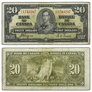 SOLD $20 1937 Bank of Canada Note Coyne-Towers K/E Prefix BC-25c - Writing/Tears
