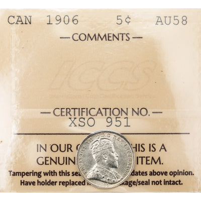SOLD Canada 1906 5 Cents Silver Coin - ICCS AU-58