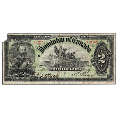 SOLD $2 1897 Dominion of Canada Note Boville DC-14c - Fine (missing corner/tear)