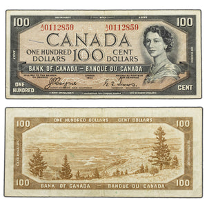SOLD $100 1954 Bank of Canada Note Devil Face A/J Prefix BC-35a - Pen