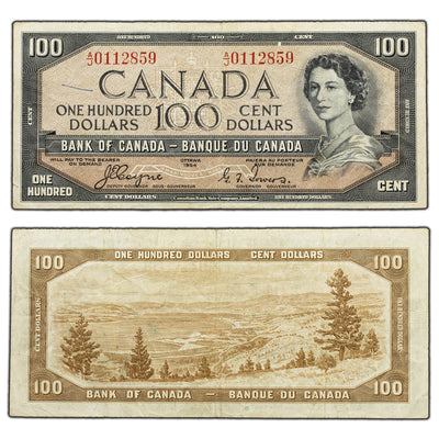 SOLD $100 1954 Bank of Canada Note Devil Face A/J Prefix BC-35a - Pen