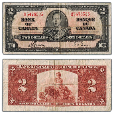 $2 1937 Bank of Canada Gordon-Towers U/B Prefix BC-22b - Small Edge Tears