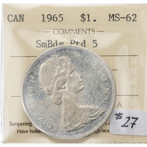 SOLD Canada 1965 Small Beads Pointed 5 $1 Silver Dollar Coin - ICCS MS-62