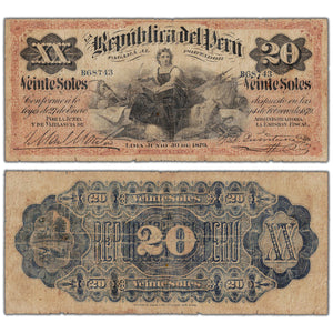 Peru 1879 20 Twenty Soles Note P #6 - Pinholes