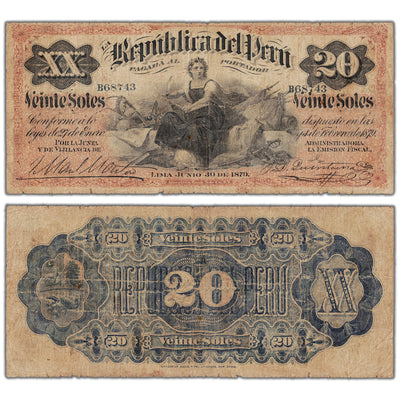 Peru 1879 20 Twenty Soles Note P #6 - Pinholes