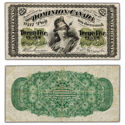 25 Cents 1870 Dominion of Canada Shinplaster Note Plain DC-1c - Abt. VF (small tear)