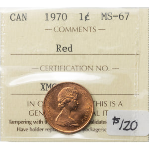 SOLD Canada 1970 1 Small Cent Coin - ICCS MS-67 Red