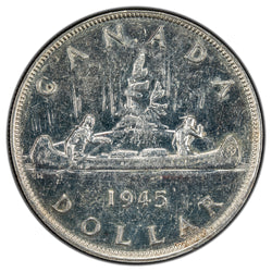 Canada 1945 2xHP 5/5 $1 Silver Dollar Coin - AU (cleaned)