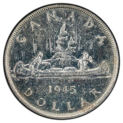 Canada 1945 2xHP 5/5 $1 Silver Dollar Coin - AU (cleaned)