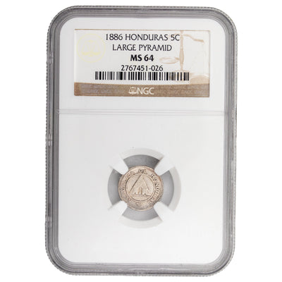 SOLD Honduras 1886 Large Pyramid 5 Centavos Silver Coin - NGC MS-64
