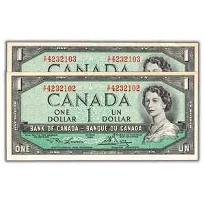 SOLD $1 1954 Bank of Canada Notes X/F Prefix BC-37d - 2 Consecutive - AU/UNC