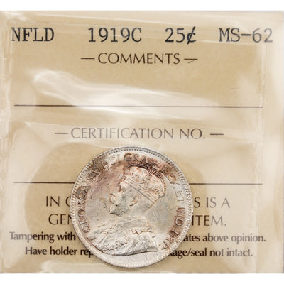 Newfoundland 1919-C 25 Cents Quarter Silver Coin - ICCS MS-62
