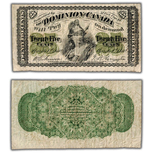 SOLD 25 Cents 1870 Dominion of Canada Shinplaster Note Plain DC-1c - VG/F