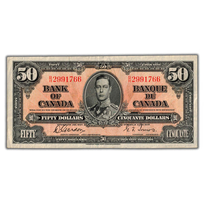 SOLD $50 1937 Bank of Canada Note Gordon-Towers B/H Prefix BC-26b - VF