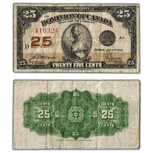 SOLD 25 Cents 1923 Dominion of Canada Shinplaster Note DC-24c - Light Writing/Pinholes