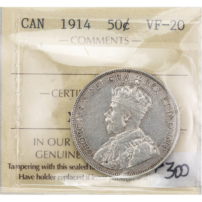Canada 1914 50 Cents Half Dollar Silver Coin - ICCS VF-20