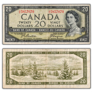 SOLD $20 1954 Bank of Canada Note Devil Face D/E Prefix BC-33b - F/VF