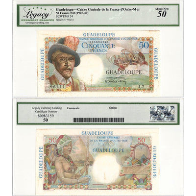 Guadeloupe ND (1947-49) 50 Francs Note P #34 - Legacy AU-50