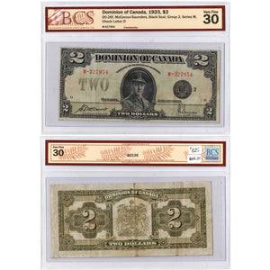 SOLD $2 1923 Dominion of Canada Note Black Seal Series M DC-26f - BCS VF-30