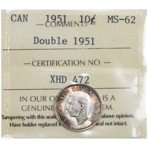 SOLD Canada 1951 Double Die Reverse 10 Cents Dime Silver Coin - ICCS MS-62