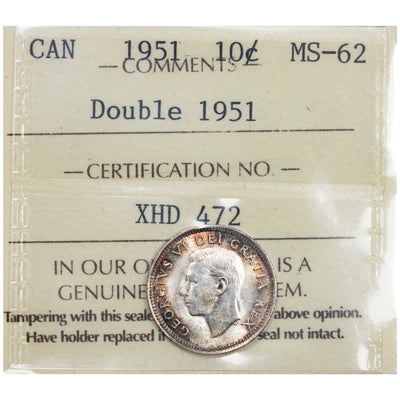 SOLD Canada 1951 Double Die Reverse 10 Cents Dime Silver Coin - ICCS MS-62