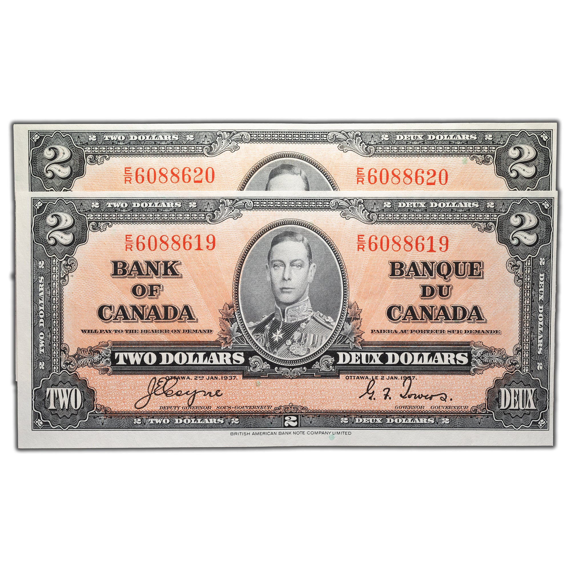 $2 1937 Bank of Canada Notes E/R Prefix BC-22c - Two Consecutive - AU+ ...
