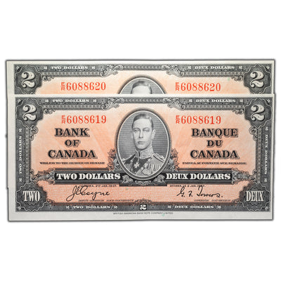SOLD $2 1937 Bank of Canada Notes E/R Prefix BC-22c - Two Consecutive - AU+