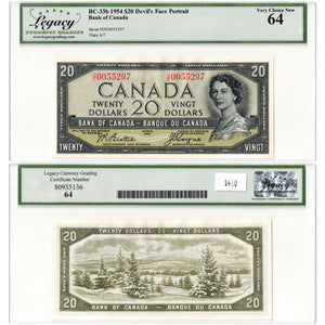 SOLD $20 1954 Bank of Canada Note Devil Face D/E Prefix BC-33b - Legacy UNC-64