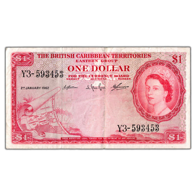 British Caribbean Territories 1962 $1 One Dollar Note P #7c - VF