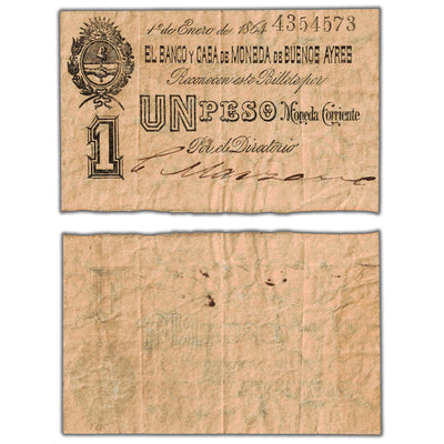 Argentina El Banco Y Casa De Moneda De Buenos Ayres 1864 1 One Peso Note - Circulated