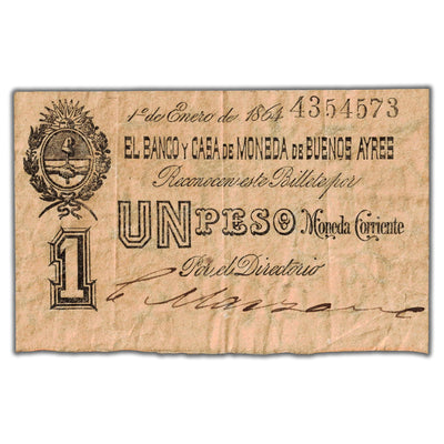 Argentina El Banco Y Casa De Moneda De Buenos Ayres 1864 1 One Peso Note - Circulated