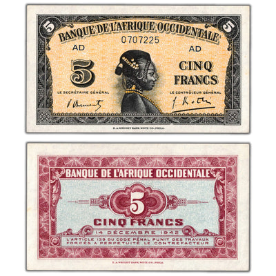 French West Africa 1942 5 Five Francs Note P #28b - AU