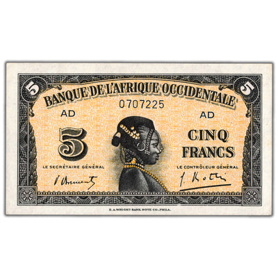 French West Africa 1942 5 Five Francs Note P #28b - AU