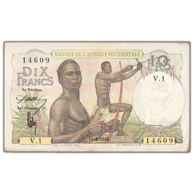 French West Africa 1946 10 Ten Francs Note P #37 - EF (minor staining)