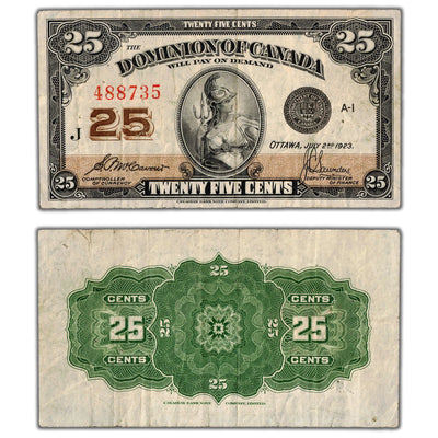 25 Cents 1923 Dominion of Canada Shinplaster Note DC-24c - VF (minor pinholes)