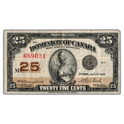25 Cents 1923 Dominion of Canada Shinplaster Note DC-24d - VF (corner tip damage)