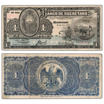 Mexico Banco de Queretaro 1914 1 One Peso Note P #S397 - Circulated (tear)