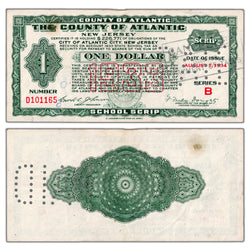 SOLD United States 1933 $1 County of Atlantic NJ School Scrip Note - Cancelled
