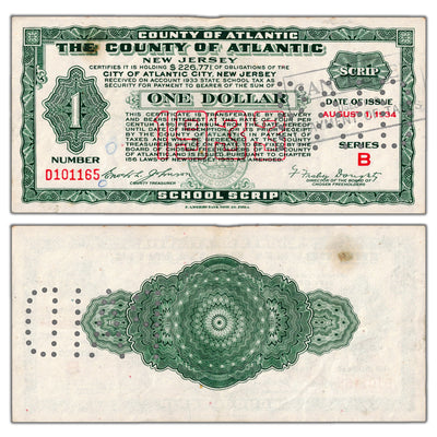 SOLD United States 1933 $1 County of Atlantic NJ School Scrip Note - Cancelled
