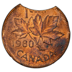 SOLD Canada 1980 1 One Small Cent Error Coin - Double Curved Clip - UNC