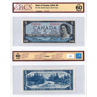 SOLD $5 1954 Bank of Canada Note Devil Face H/C Prefix BC-31b - BCS UNC-60