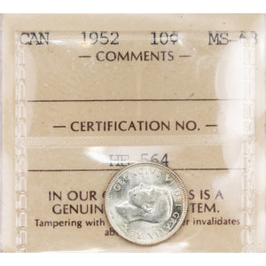 SOLD Canada 1952 10 Cents Dime Silver Coin - ICCS MS-63