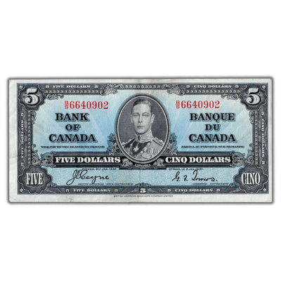 $5 1937 Bank of Canada Note Coyne-Towers B/S Prefix BC-23c - EF
