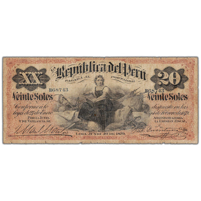 Peru 1879 20 Twenty Soles Note P #6 - Pinholes