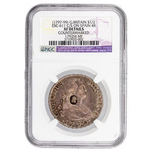 Great Britain (1797-99) $1/2 Half Dollar Counter Stamp ESC-611 on Spain 1792 4 Reales Silver Coin